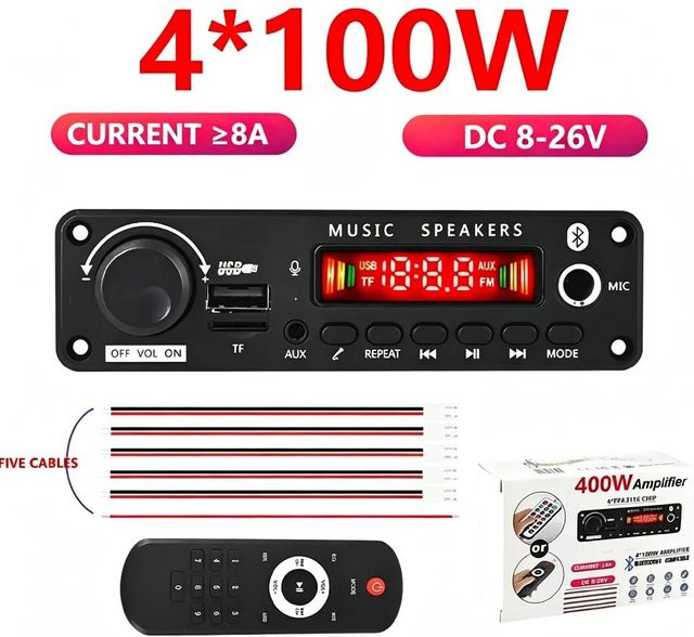Meiteai-Car&Motor 400W Bluetooth MP3 Dekoder Platine mit UKW Radio, USB und TF, Freisprecheinrichtung für Auto Audio in Rot - Bild 1
