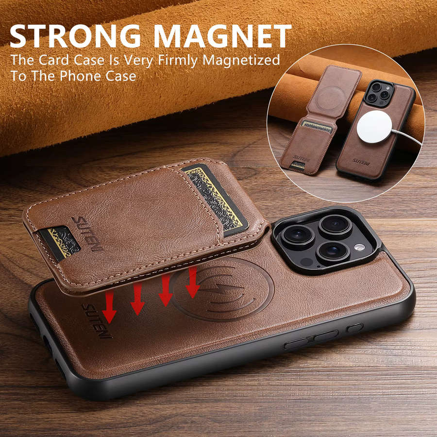 SUTENI Magnetische Handyhülle aus PU-Leder mit Kartenhalter und Ständer für iPhone 17 Pro Max, 16 Plus, 15 Pro, 13 und 12, kabelloses Laden, Schwarz und Braun - Bild 3