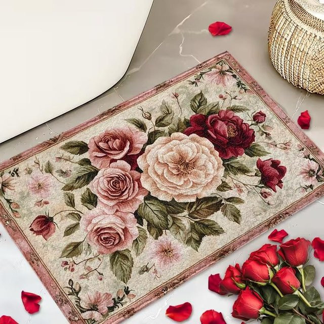 Elegante Bodenmatte mit grünem Rosen-Print, rutschfest und waschbar, B/B: 40 x 60 cm - Bild 1