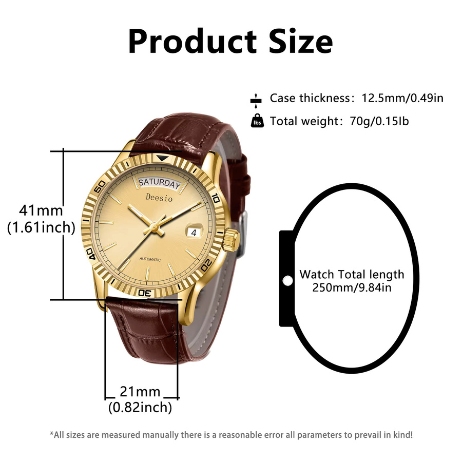 Deesio Armbanduhr Automatik, Edelstahl, Leder, Herren, Gold - Bild 3