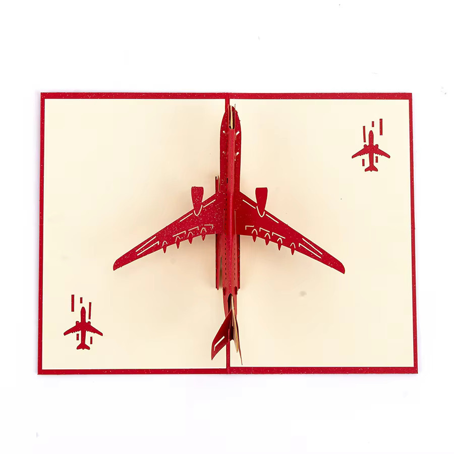 XJM 3D-Flugzeug-Grußkarte aus Papier, handgefertigte Papierschnitzerei als faltbares Ornament für Geburtstage, in Rot und Multicolour - Bild 2