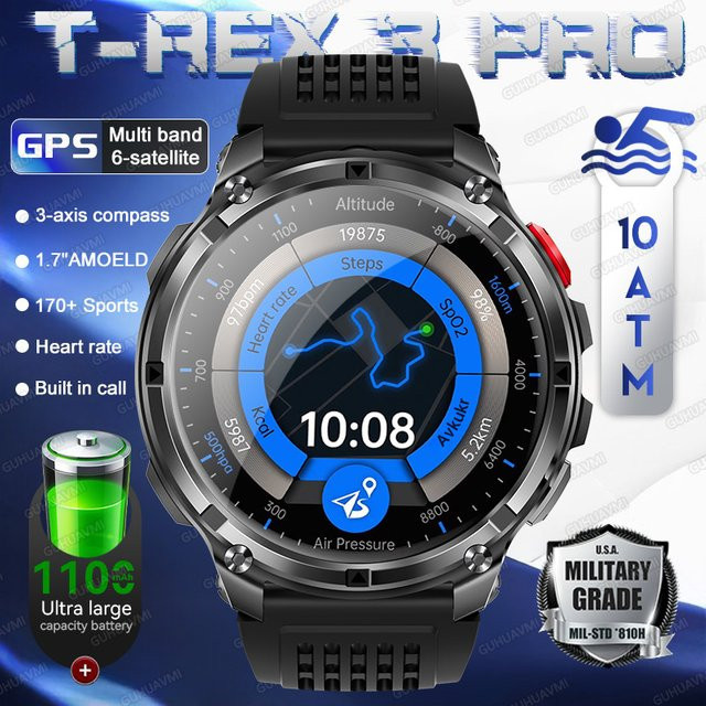GUHUAVMI T-Rex3 PRO Militär-Smartwatch mit 1,7 Zoll Display, GPS, Kompass und 10ATM Wasserdichtigkeit, Schwarz - Bild 1
