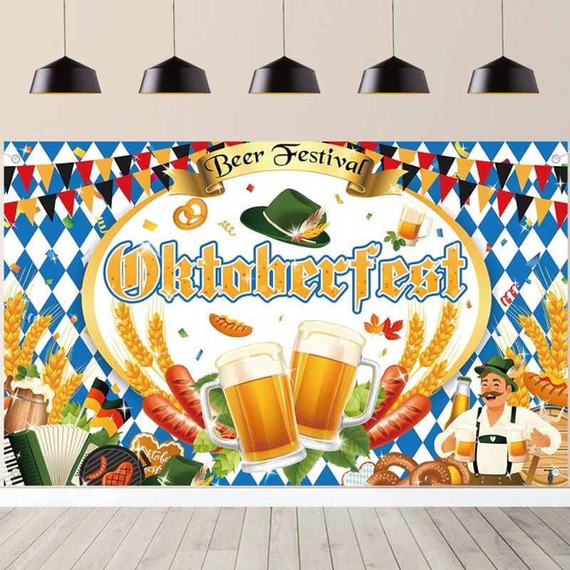 Oktoberfest Banner mit rustikalem Karomuster als Party-Dekoration für dein bayerisches Herbstfest in Blau und Mehrfarbig - Bild 1