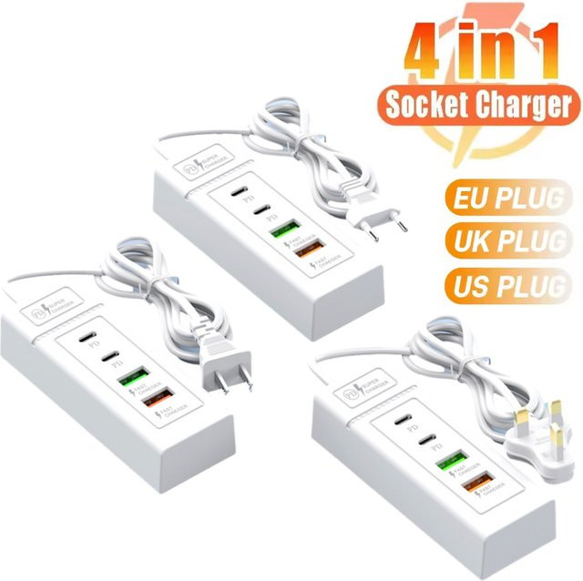 USB Power Streifen mit 4 Ports inklusive USB-C Schnellladefunktion, USB 3.0 Hub Adapter in Weiß - Bild 1