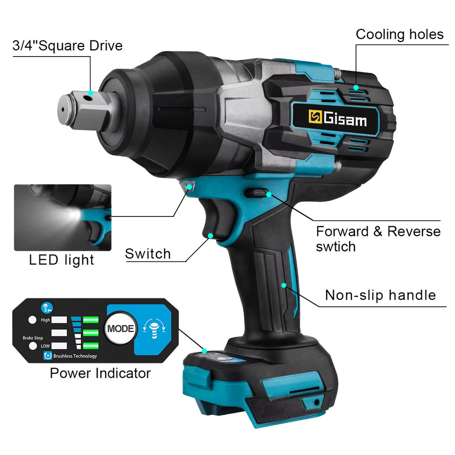 Gisam GΣ 3100 N.M Bürstenloser Akku-Schlagschrauber mit 3/4 Zoll Antrieb, kompatibel mit Makita 18 V Akku - Bild 5