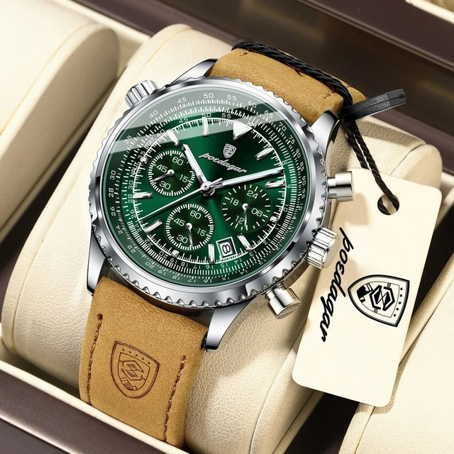 POEDAGAR Armbanduhr, Chronograph, Quarz, Leder, Grün, Herren - Bild 1