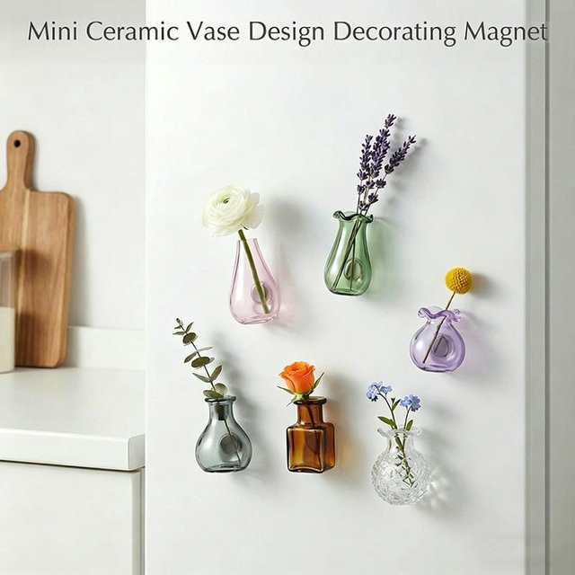 SUSU Mini-Keramikvasen mit Kühlschrankmagneten, 5-teiliges Set in Multicolour, nordisches Design mit floralem Muster - Bild 1