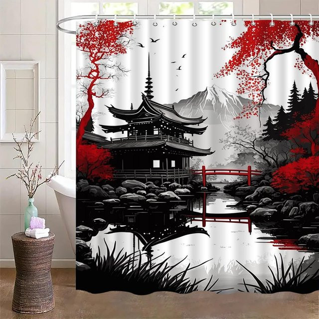 Dai Jiaochuan Duschvorhang Japanischer Tempel und Roter Ahorn im Zen Garten Stil, Rot, B: 200 cm, H: 180 cm - Bild 1