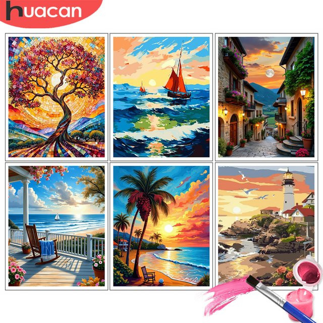 huacan Malen nach Zahlen Kits Sonnenuntergang Leuchtturm, Meereslandschaft, Bunt - Bild 1