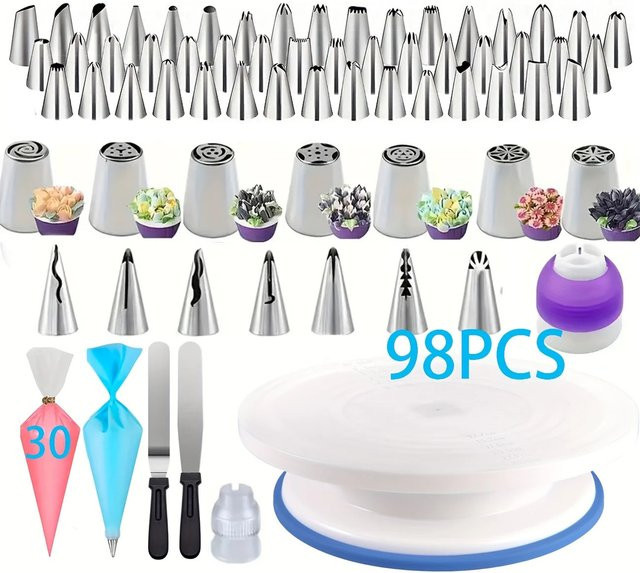 XMSJ 98-teiliges Kuchendekorationsset mit 62 Spritztüllen, blauem Drehteller und Zubehör für Buttercreme-Blumen in Multicolour - Bild 1
