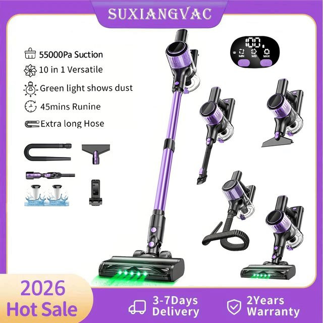 SUXIANGVAC Kabelloser Stabstaubsauger in Lila, 500W mit 55Kpa Saugkraft, 10-in-1 Beutelloses Modell für Tierhaare, Hartböden und Teppiche mit 45min Laufzeit - Bild 1