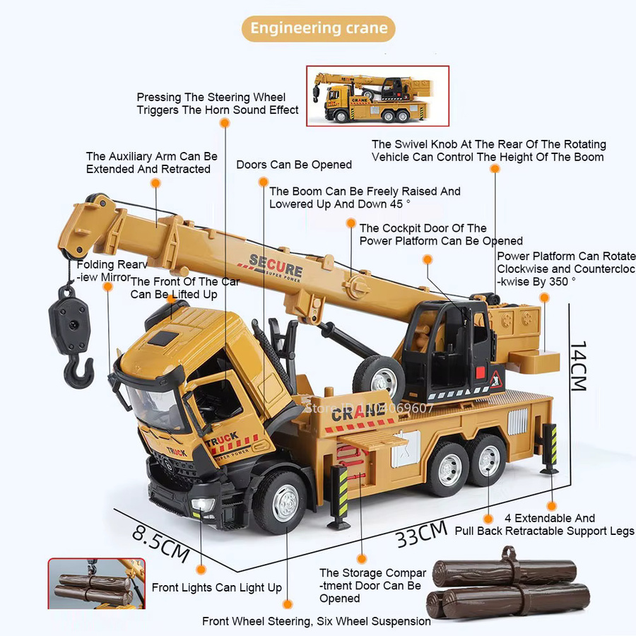 MAKEDA Engineering Crane Mixer Truck, Spielzeugmodell, 1:24, Metall, mit Licht und Sound - Bild 2