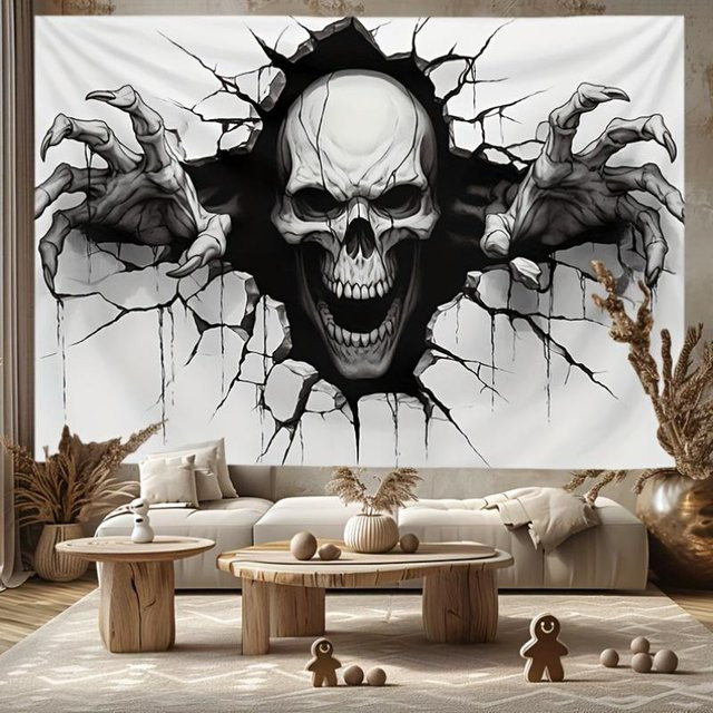 JMG Household Supplies Halloween Totenkopf Wandteppich mit 3D-Riss-Design in Schwarz-Weiß, Breite: 60 cm, Höhe: 90 cm - Bild 1