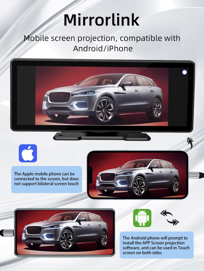 BQCC Tragbarer 10,26 Zoll Auto MP5 Player mit Wireless CarPlay, Android Auto und Mirrorlink, Rückspiegel mit Bluetooth, USB und DVR in Schwarz - Bild 3