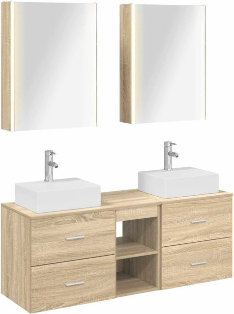vidaXL Badezimmermöbel-Set 5-teilig in Sonoma-Eiche mit Glasfronten und LED-Beleuchtung, Braun - Bild 1