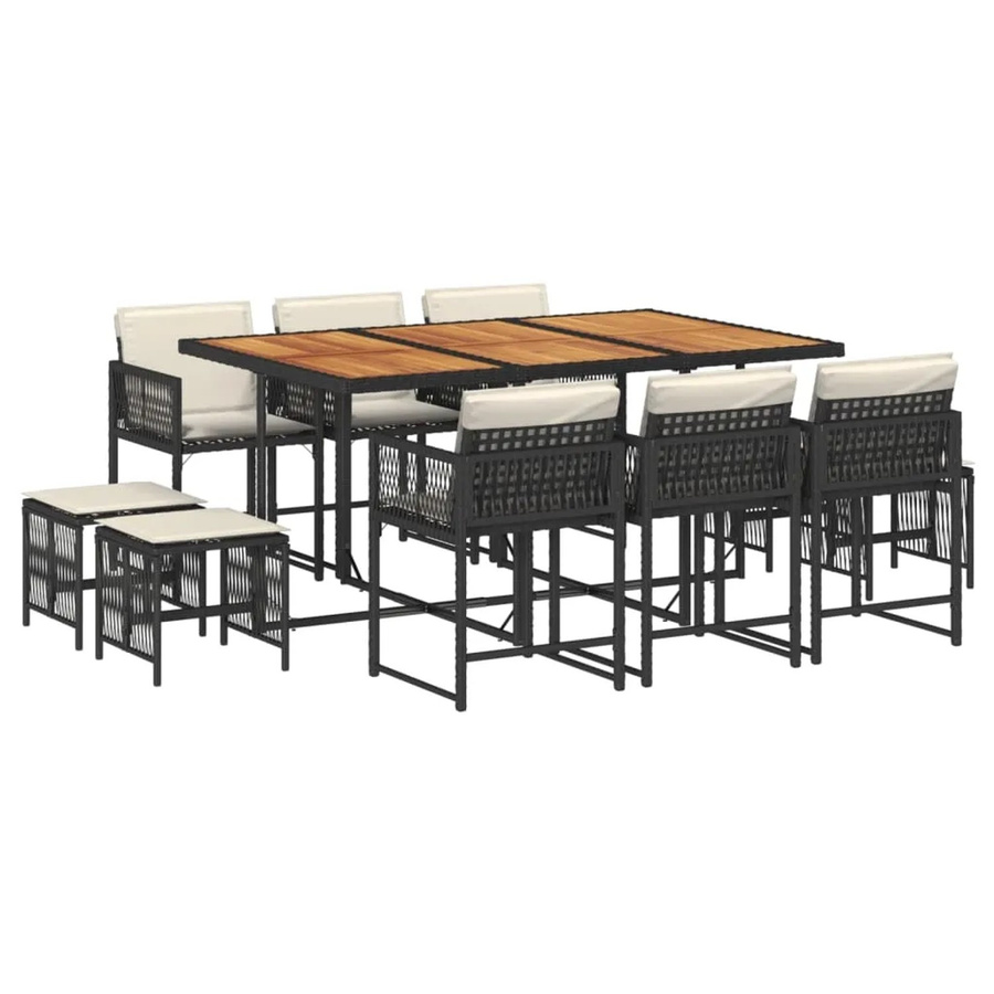 vidaXL 11-teilige Garten-Essgruppe aus Poly Rattan mit Kissen in Schwarz, Braun und Cremeweiß mit Akazienholz-Tisch - Bild 2