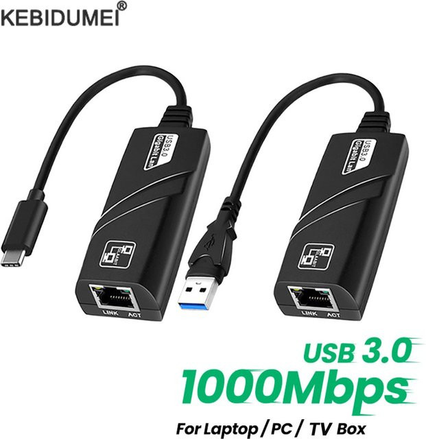 Kebidumei USB-C auf RJ45 LAN Ethernet-Adapter, 10/100/1000 Mbit/s USB 3.0 Netzwerkkarte für PC, MacBook und Windows Laptop, Schwarz - Bild 1