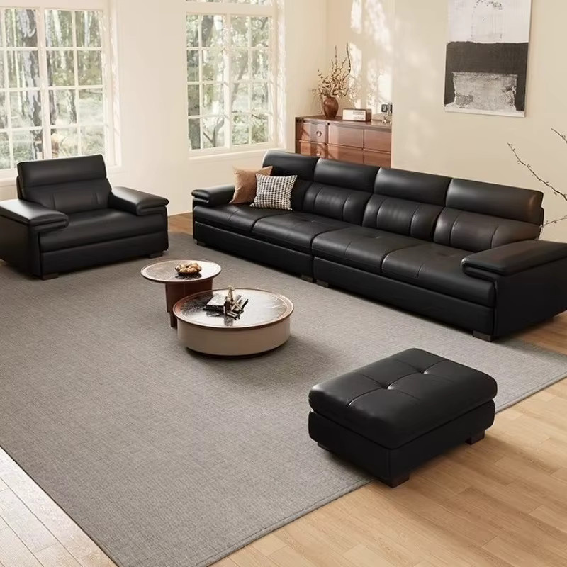 Minimalistisches Sofa aus echtem Leder in Schwarz mit passendem Ottoman für dein Wohnzimmer - Bild 3