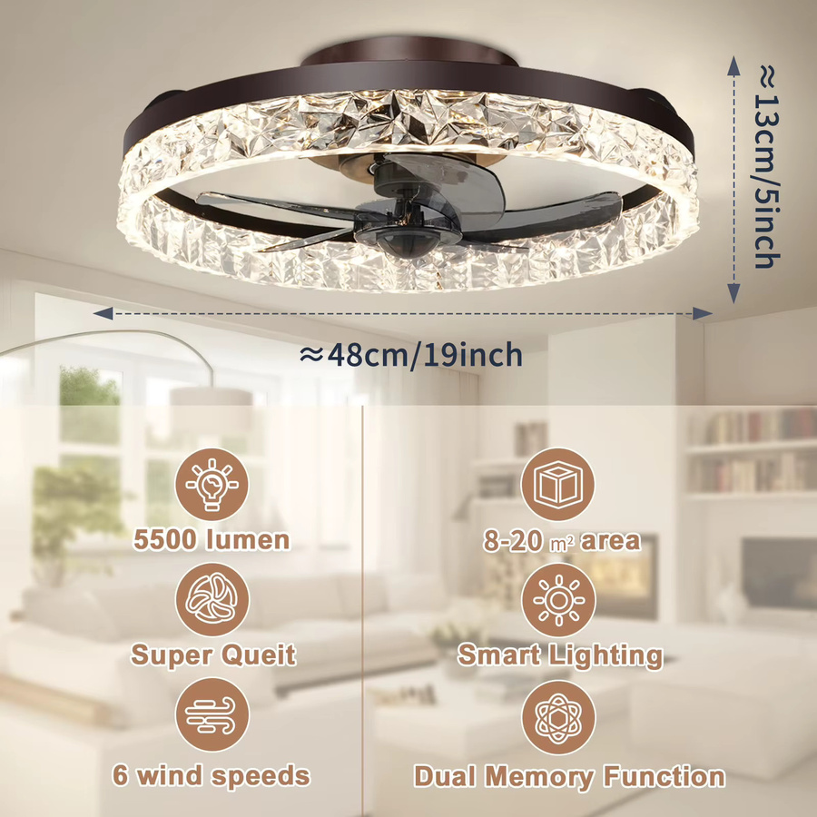 Ludengchaoshi Deckenventilator mit Licht und Fernbedienung, flaches Design in Schwarz mit Kristallglas, einstellbares Licht 3000-6000K, 6-stufige Windgeschwindigkeit für Wohnzimmer und Schlafzimmer - Bild 3