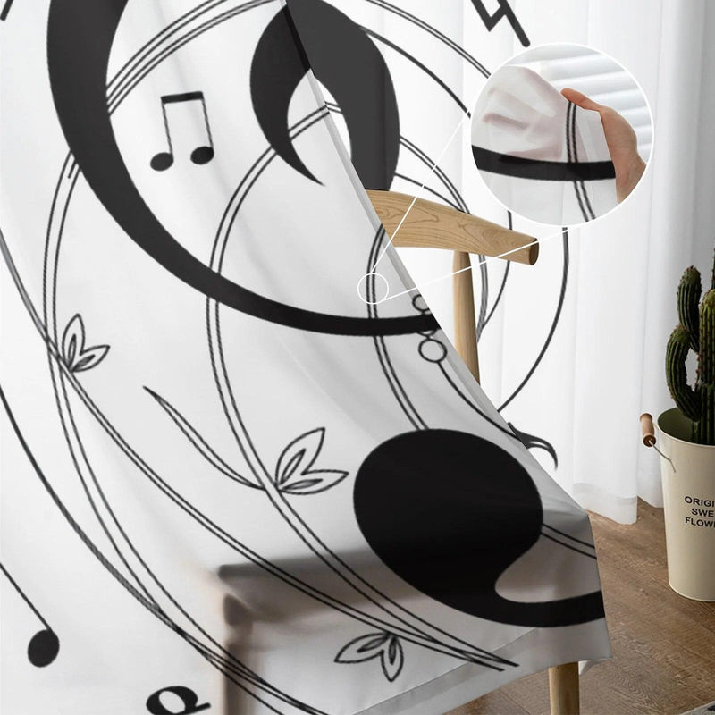 Transparente Voile-Fenstervorhänge mit Musiksymbol-Kunstmotiv von A Family Of Home Textiles in Schwarz-Weiß, Breite: 135 cm, Höhe: 114 cm - Bild 2