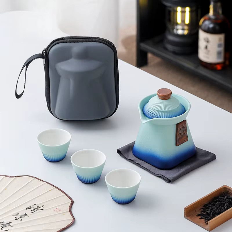 Palace Museum Reise-Teeset aus Keramik in Blau mit Infuser für Kungfu-Tee und Outdoor-Camping - Bild 2