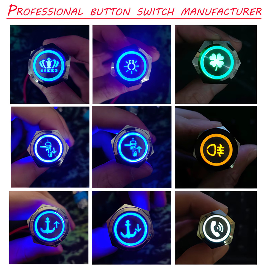 Maßgefertigter Metall-Druckknopfschalter Schwarz mit Laser-Leuchtkreis, Wasserdicht, Momentan oder Verriegelnd für 12V/24V in 16mm, 19mm und 22mm - Bild 2