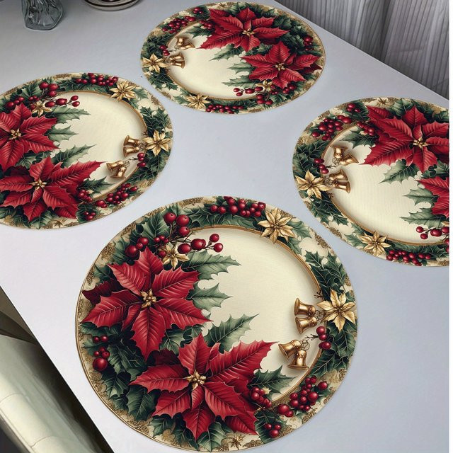 VIKAMA 4-teiliges Weihnachtsstern-Tischset aus Leinen in Mehrfarbig mit goldenem Rand und floralem Design, rund - Bild 1