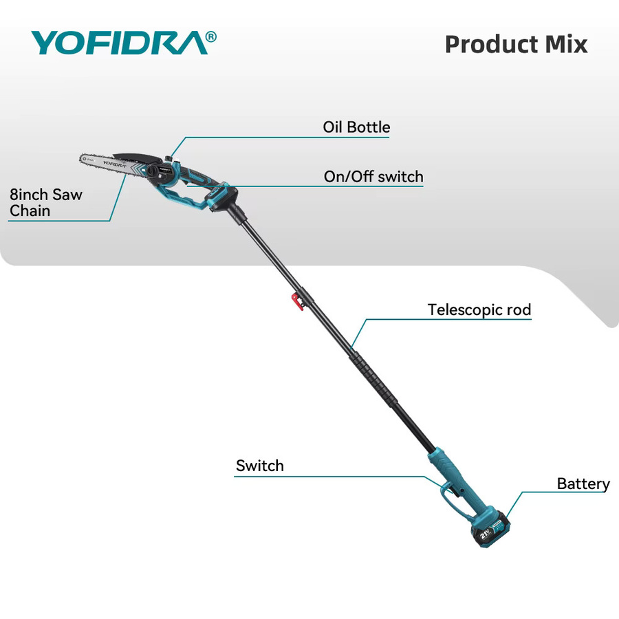 YOFIDRA Bürstenlose elektrische Kettensäge mit Teleskopstange und 8 Zoll Schiene, kabellose Garten-Baumschere kompatibel mit Makita LXT Akkus - Bild 2