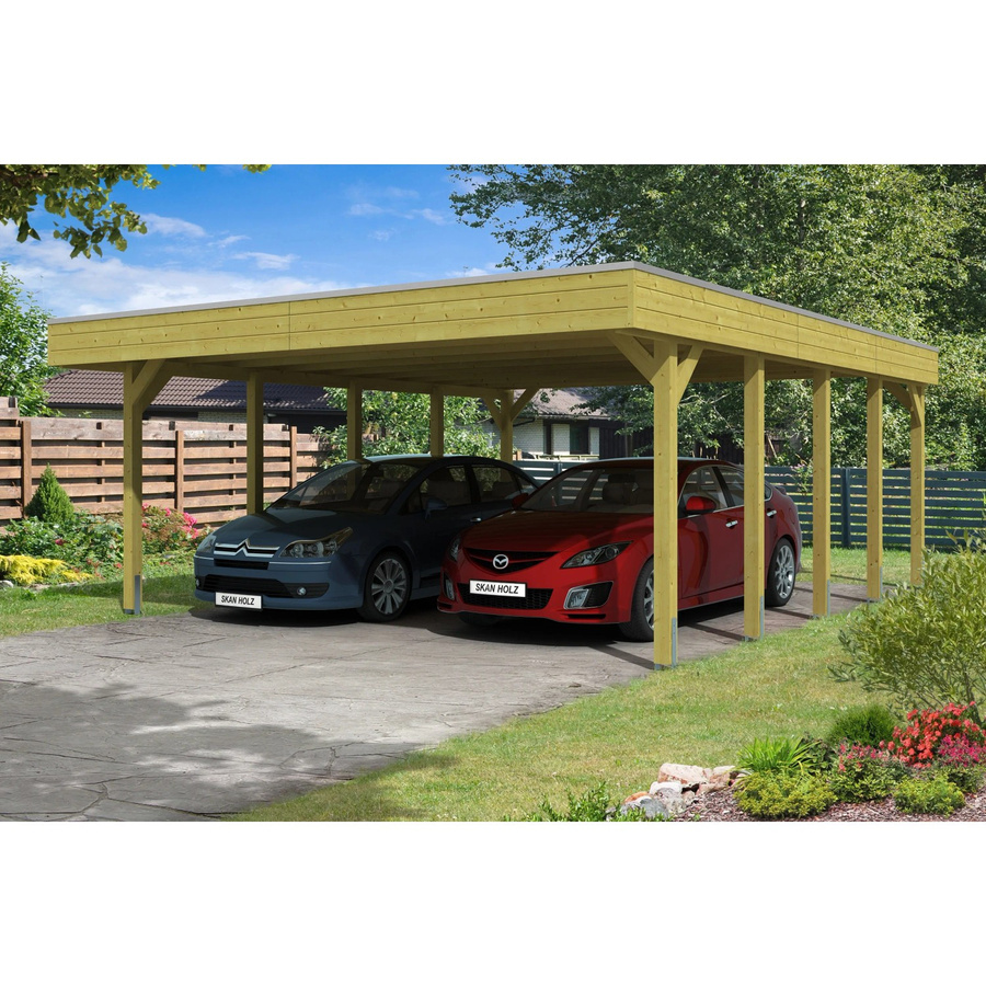 Skan Holz Doppelcarport Friesland Flachdach in Braun mit H-Pfostenankern B/T: 557 x 708 cm - Bild 2