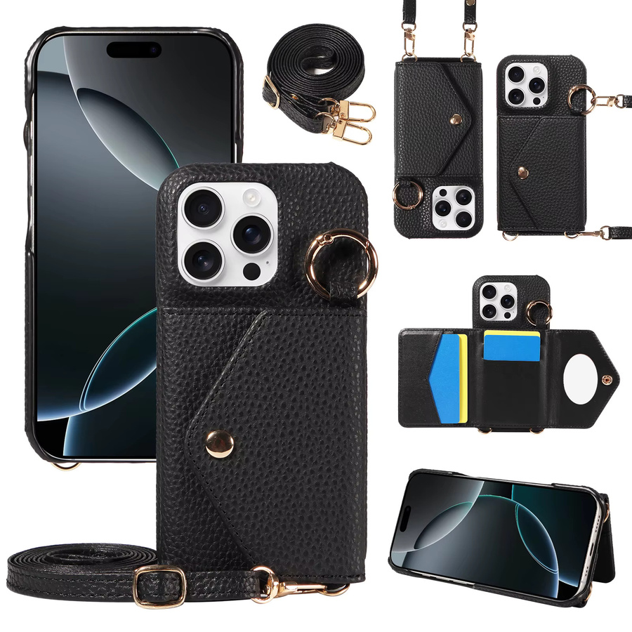 Crossbody Handyhülle aus PU-Leder für iPhone 16e 16 Pro Max 15 14 13 12 11 Pro Max Plus mit Spiegel, Anti-Drop und Anti-Entmagnetisierung, Farbe: Orange - Bild 2
