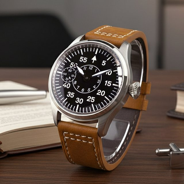 Tandorio Armbanduhr, Handaufzug, Edelstahl, 42 mm, Lederarmband, Herren - Bild 1