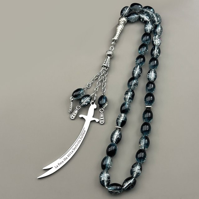 JYTF Halskette Zulfiqar Schwert-Anhänger, Edelstahl, Silber, Glas-Gebetsperlen, Unisex - Bild 1