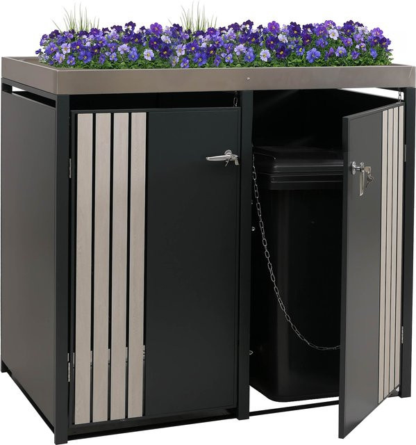 Mülltonnenverkleidung MCW-O67 mit Pflanzkasten in Anthrazit Holzoptik Hell, B/T/H: 125 x 132 x 84 cm - Bild 1