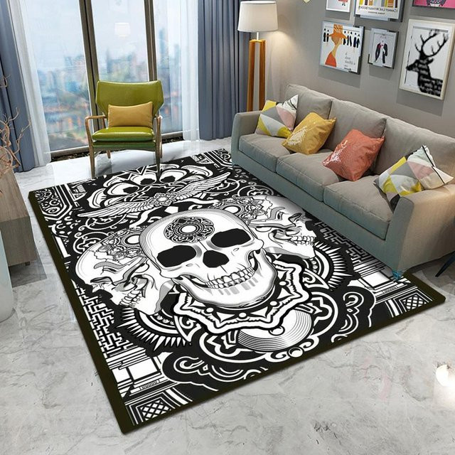 HGHT Retro Teppich mit Schädel- und Spielkarten-Muster, Schwarz, B/H: 60 x 40 cm - Bild 1