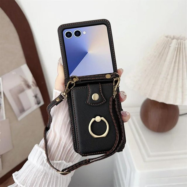 Leder Geldbörse Handyhülle für Samsung Galaxy Z Flip 7 6 5 4 3 FE mit Fingerring Kartenhalter und Umhängeband in Schwarz - Bild 1