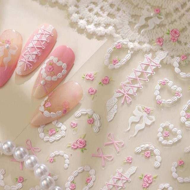 Rhstoe Nagelaufkleber, Rosa Weiße Rosen, Spitze Perlen Schleife - Bild 1