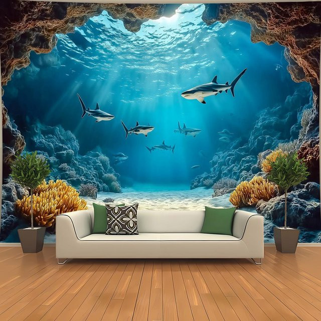 Wandteppich mit Unterwasserszene und Haien von JMG Household Supplies in Blau, B/H: 70 x 70 cm - Bild 1