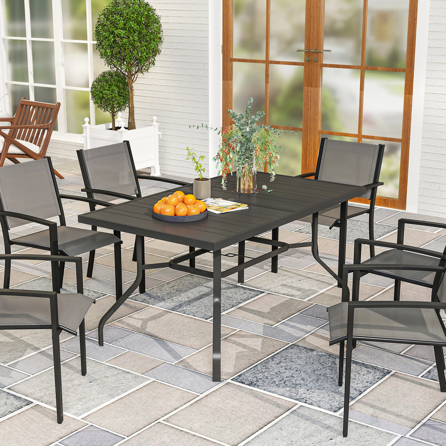 Outsunny Gartentisch aus Stahl in Schwarz mit Latten-Design und Schirmloch, wetterfester Esstisch für Garten und Balkon, B/T/H: 152 x 90 x 74 cm - Bild 2