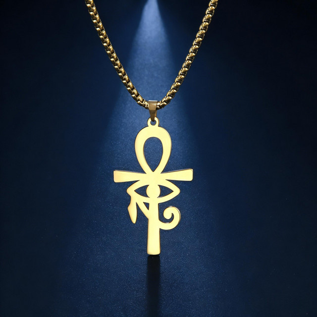 Lemegeton Halskette Ankh Auge des Horus, Edelstahl, Gold, Unisex - Bild 1