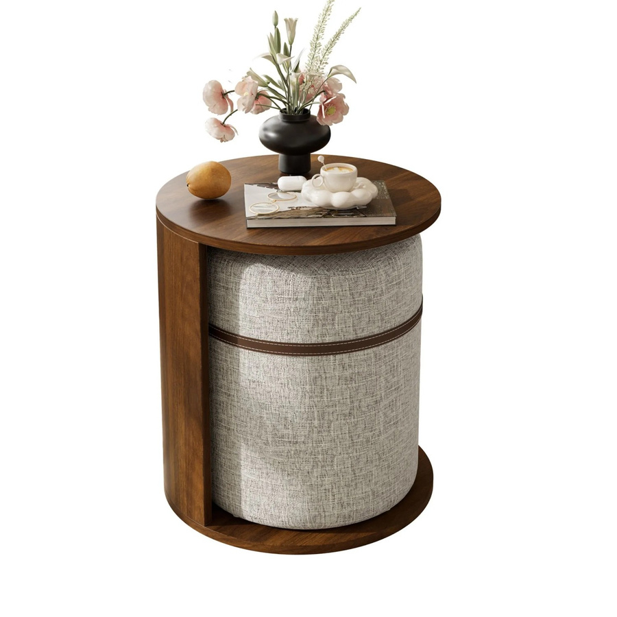 Merax Beistelltisch mit Hocker Rund in Holzoptik Kiefer Braun - Bild 2