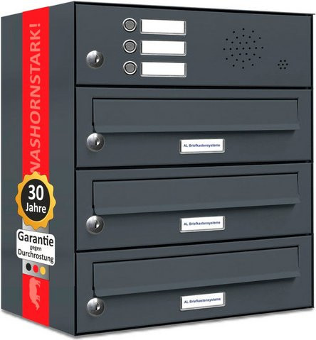 AL Briefkasten-System für 3 Parteien, Aufputzmontage, grau, B/H/T: 153,346 x 46,0 x 27,5 cm - Bild 1