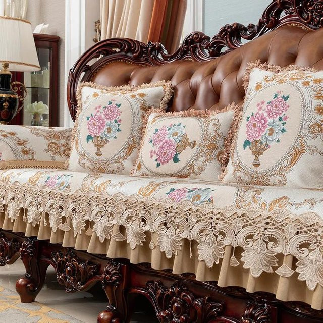 Spitzenkante High-End-Retro-Sofabezug aus Jacquard mit floralem Muster, grau, B/T: 70 x 70 cm - Bild 1