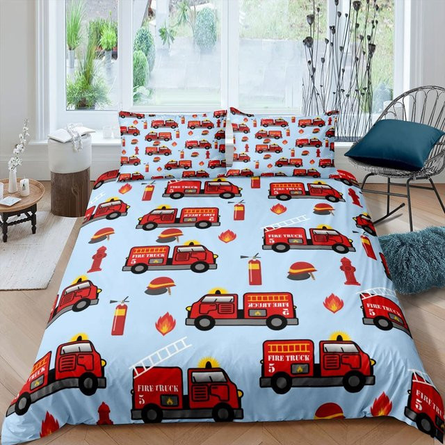 Bettwäsche-Set mit Feuerwehrauto-Muster für Kinder von Binchi Outdoor Product, Blau, King-Size, B: 264 cm, H: 228 cm - Bild 1