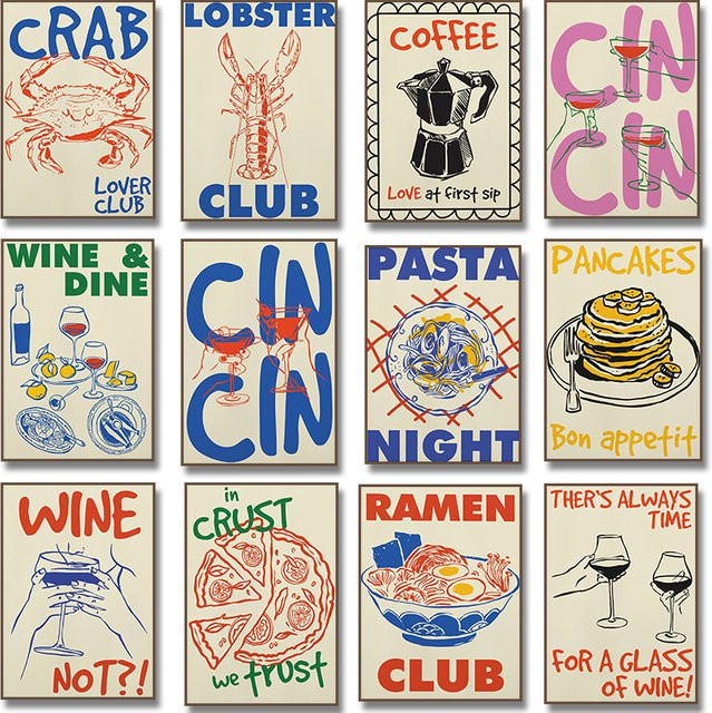 Potdemiel Retro Wandposter Cheers Motiv für Bar und Küche, Mehrfarbiges Papierposter mit Typografie und Wein-Pasta-Motiv, Durchmesser: 25,0 cm - Bild 1