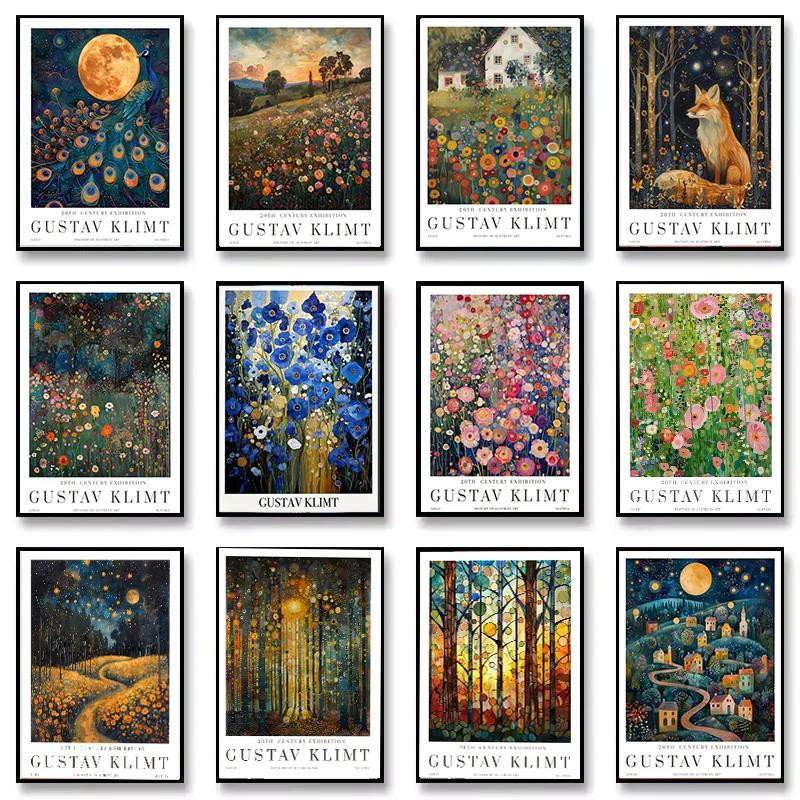 Leibert Art Decoration Painting Vintage Gustav Klimt Blumengarten Wandbild auf Leinwand mit Fuchs, Mond und Dorf, Multicolor, Breite: 50 cm, Höhe: 80 cm - Bild 1
