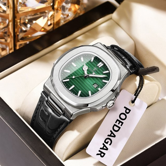 POEDAGAR Armbanduhr Quarz, Leder, Grün, Silber, Herren - Bild 1