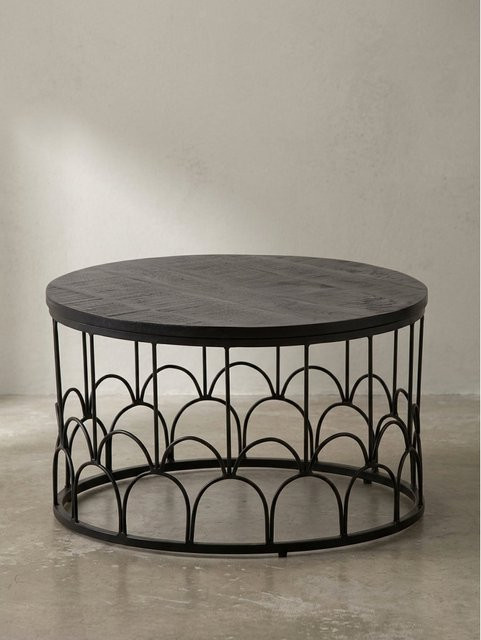 KADIMA DESIGN Couchtisch rund aus Mango Massivholz und Metall in Schwarz, Industrial Design, Durchmesser: 60 cm, Höhe: 36 cm - Bild 1