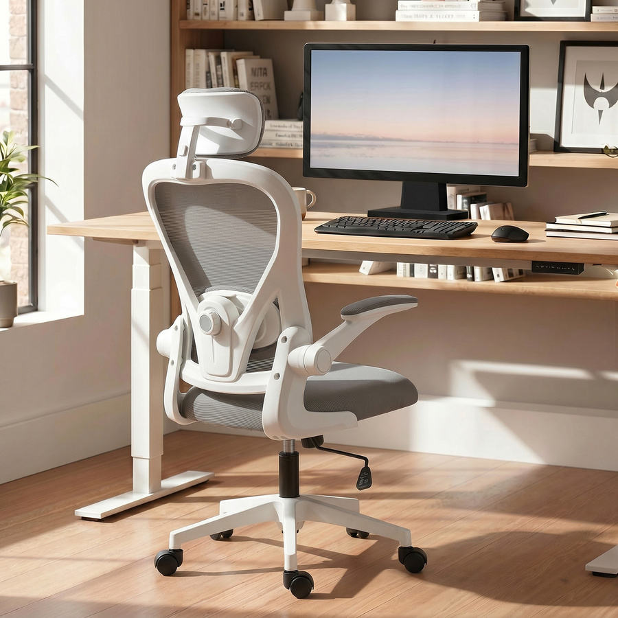 HOMCOM Ergonomischer Bürostuhl in Grau mit hochklappbaren Armlehnen, Kopfstütze und verstellbarer Lendenwirbelstütze - Bild 2