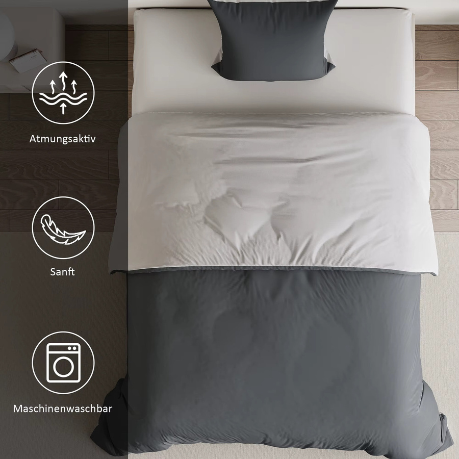 4-teiliges Bettwäsche-Set für 140 x 200 cm Bett, Bettbezug 140 x 210 cm, 2 Kissenbezüge 80 x 80 cm, modern und einfarbig in Grün, Weiß oder Grau - Bild 4