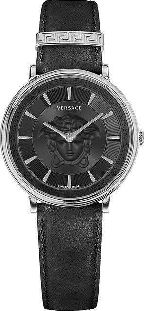 Versace Armbanduhr V-Circle, Quarz, Edelstahl, Leder, Schwarz, 38 mm, Damen - Bild 1